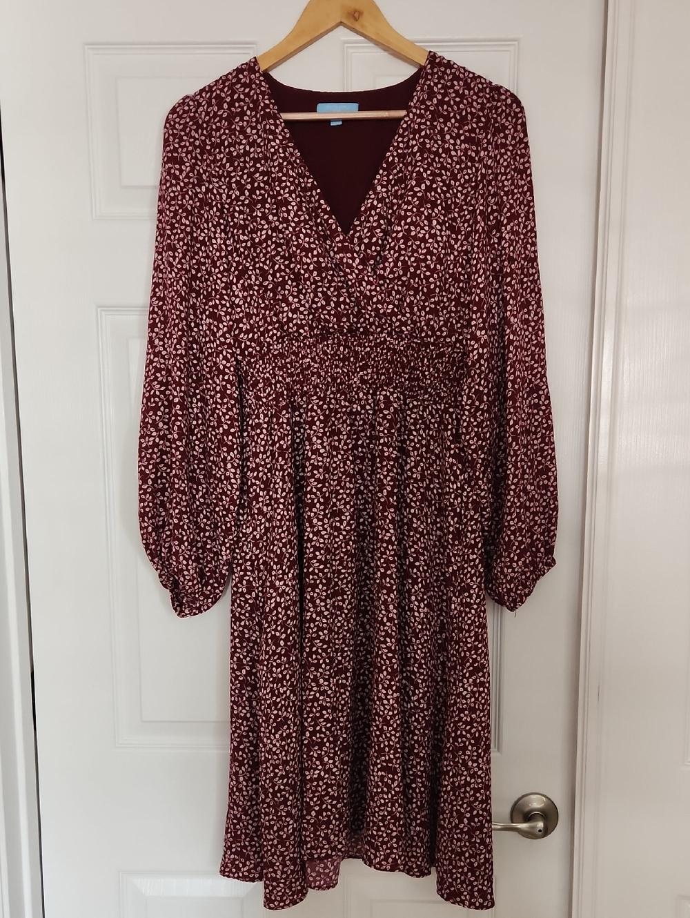 Draper James Burgundy Printed Long-Sleeve V-Neck Dress Size M